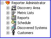 The customer reports feature is available within the left pane of the Reporter main window. There you see the top-level Reporter Administration folder, under which all other folders appear.
