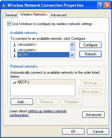 In this example, SSID of the project is set to "NECPJ" ( page 35). Select (click) "NECPJ" from the list.