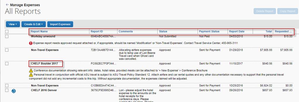 Expense Reports Find an approved report 1. When an expense report has been approved for payment, you can find it in your report library. 2. Sort the columns by clicking on the blue column name.