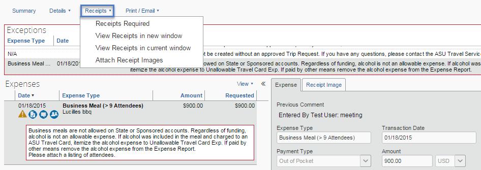 Click details to access menu for expense