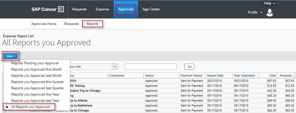 Select the time frame of approved requests. Click approvals > reports > view for a drop-down menu.