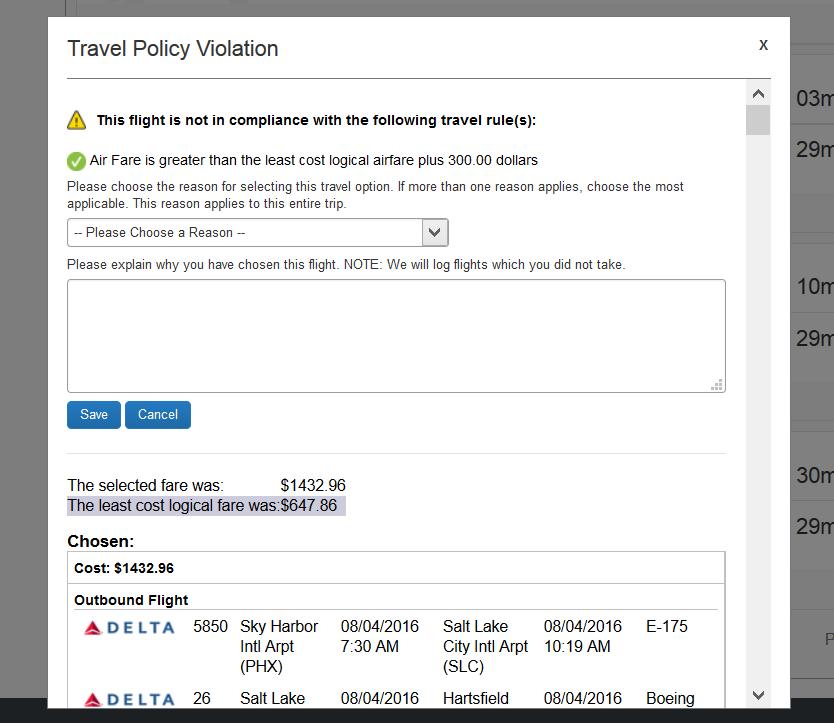 Booking 17. Flights priced $300 more than the cheapest flight prompt a yellow warning icon appears next to a flight option to signal the flight is out of compliance with ASU's travel policy.