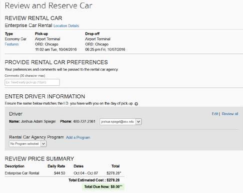 Booking 7. Click the price to select the rental car. o A yellow warning icon appears when the car does not comply with ASU's travel.