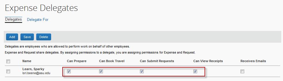 Profile 4. Check boxes that apply. You have not assigned a delegate until these boxes are checked. Can Prepare: Delegate can prepare requests and expense reports on your behalf.