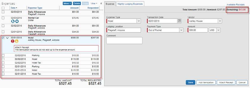 Expense Reports 4. Click save itemizations. o The itemizations appear on the left, under expenses.