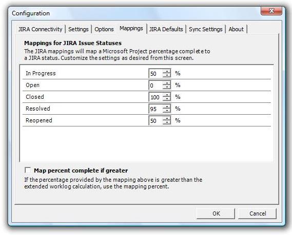 Mappings The Mappings tab is used when running The Connector in standard mode. The mappings allow you to configure the Microsoft Project task percentage complete with each JIRA status.