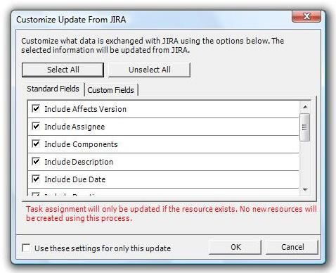 This displays a dialog will all of the pieces of data that are exchanged in the process. You can control which pieces of data get update from JIRA from here.
