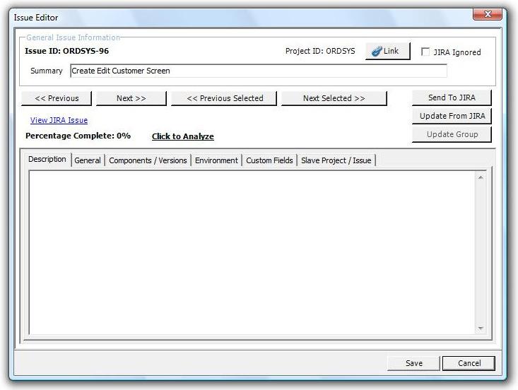 Issue Editor This issue editor is a dialog provided by The Connector for quickly and easily editing all of the information related to the issue in one place.