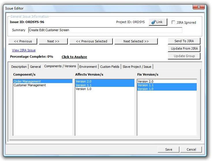The Components Versions tab of the issue editor will allow you to select which components, affects versions and fix versions that the issue is associated with.