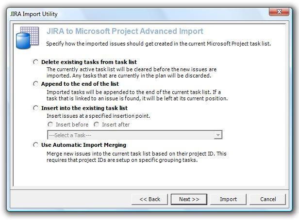 Delete existing tasks from task list This option will clear the current task list, removing everything that is there, before importing the new issues that will get returned from the filters.