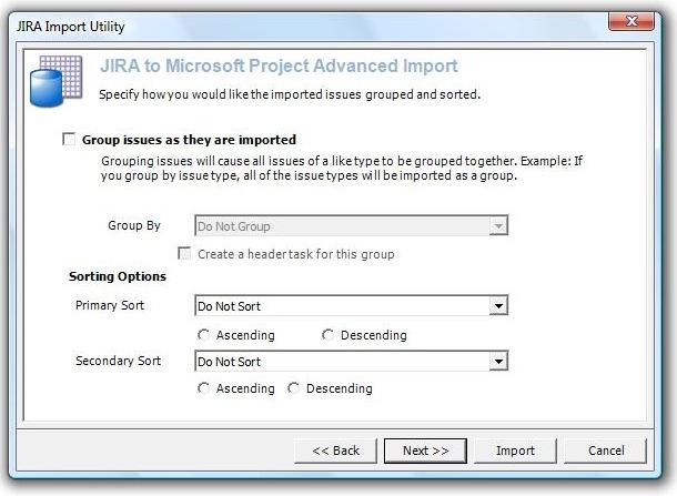 Group issues as they are imported You can group the imported issues by a variety of grouping options. Grouping issues will sort by that group so that all of the like grouping issues are together.