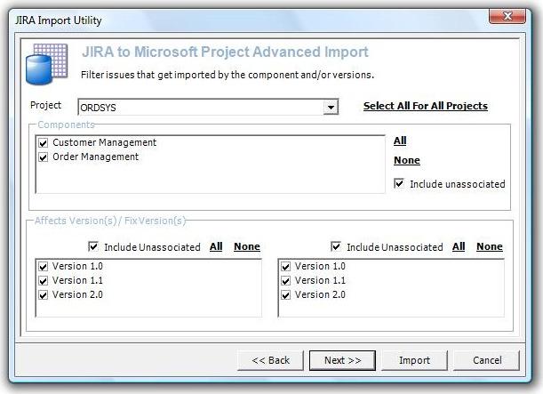 Versions and Components can also be filtered during the import. Simply select which versions and components you wish to have included in the import.