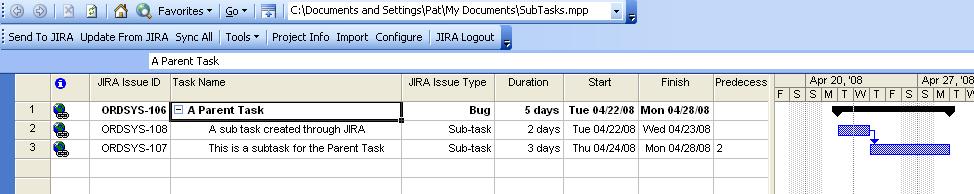 Updating Sub Task Durations JIRA does not have any ties between the duration of the sub-tasks and the duration of the parent task, however, Microsoft Project does have a direct tie.