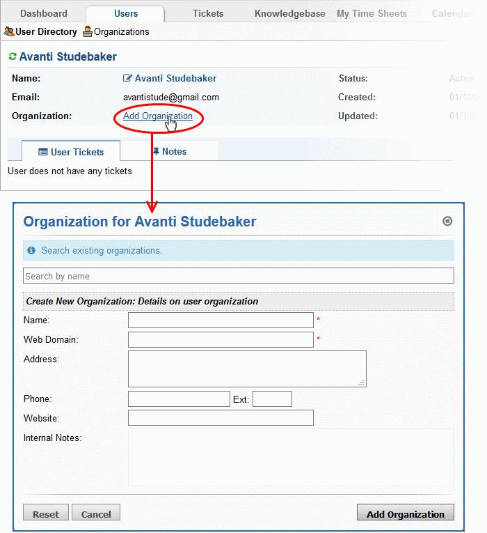 In the 'Organization for <user name>' screen, search for the organization in the search field. You can assign the user to an existing organization, or create a new Organization and add the user to it.