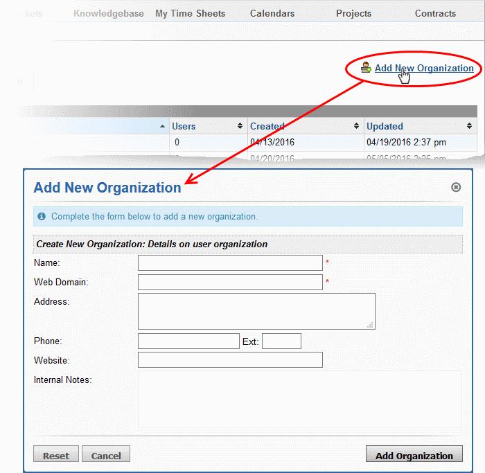 The 'Add New Organization' screen will be displayed: Name: Enter the name of the new organization. Web Domain: Enter the registered domain name for the organization.