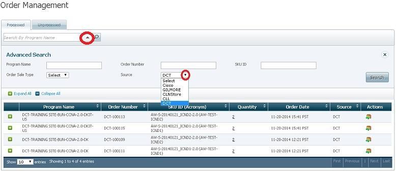 Searching for Orders placed through DCT To filter the list to display only Orders placed through DCT, select DCT in the Source dropdown.