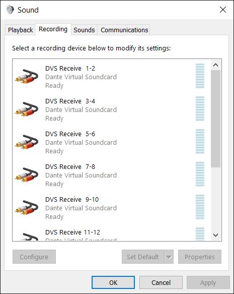 DANTE VIRTUAL SOUNDCARD IN WINDOWS WDM drivers 16x16 channels only WDM channels presented