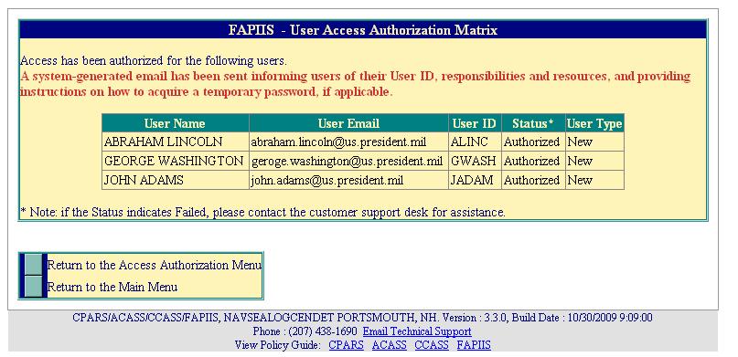 View/Modify Existing User Access: This option produces a list of user names that have been authorized access to FAPIIS by the Focal Point.