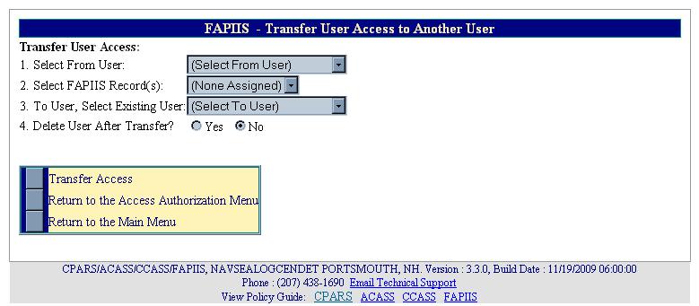 involved with entering records. To transfer user access to another user, click the Access Authorization button from the Focal Point Main Menu.
