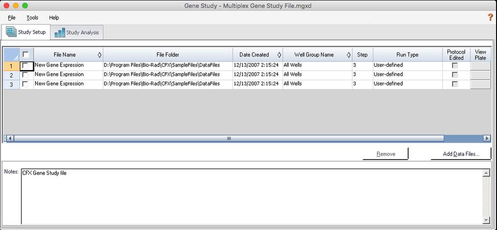 Gene Study Gene Study Dialog Box The Gene Study dialog box includes two tabs: Study Setup tab manages the runs in the gene study.