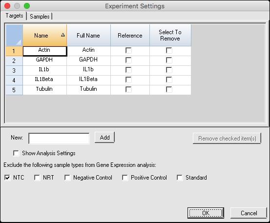 Changing Experiment Settings Changing Experiment Settings Use the Experiment Settings dialog box to view or change the list of targets and samples or to set the gene expression analysis sample group