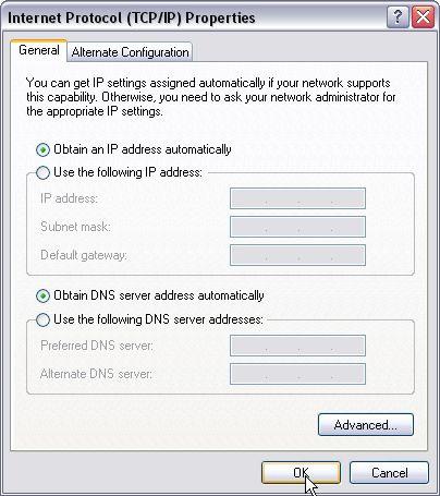5. Select Obtain an IP address automatically and Obtain DNS
