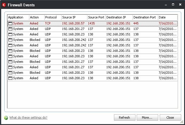 To view Firewall events Click 'View Firewall Events' in the common tasks of Firewall task center. Column Descriptions 1. Application Indicates which application or process propagated the event.