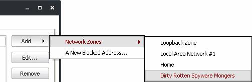 1. Click the 'Add' button at the top right and select 'Network Zones' then the particular zone you wish to block.