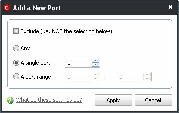 5. Select the ports by selecting: Any, to choose all ports; A single port and defining the port in the combo box beside; A port range and typing the start and end port numbers in the respective combo