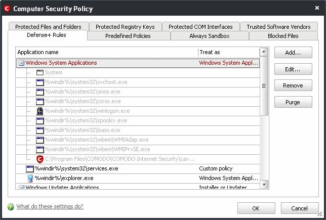 The Computer Security Policy area contains the following tabs: Defense+ Rules Predefined Policies Always Sandbox Blocked Files Protected Files and Folders Protected Registry Keys Protected COM