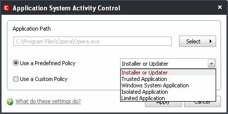 (2) Configure the security policy for this application There are two broad options available for selecting a policy that applies to an application Use a Predefined Policy or Use a Custom Policy. 1.