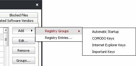You can import additional registry keys that you wish to protect by clicking the 'Add' button: The 'Registry Groups' option allows you to batch select and import predefined groups of important