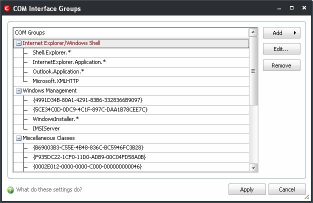To access 'COM Interface Groups' Click on the 'Groups' button. COM groups are handy, predefined groupings of COM interfaces.