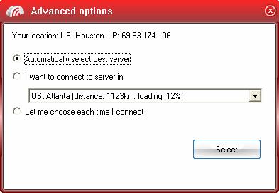 You can configure the server selection from the options : Automatically select the best server; I want to connect to server in; Let me choose each time I connect.