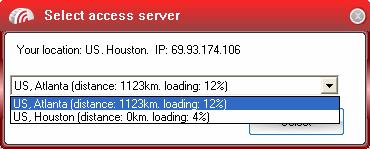 establishing a connection to TrustConnect, a 'Select access server' dialog appears. The dropdown box displays a list of TrustConnect access servers located at different places, all over the world.