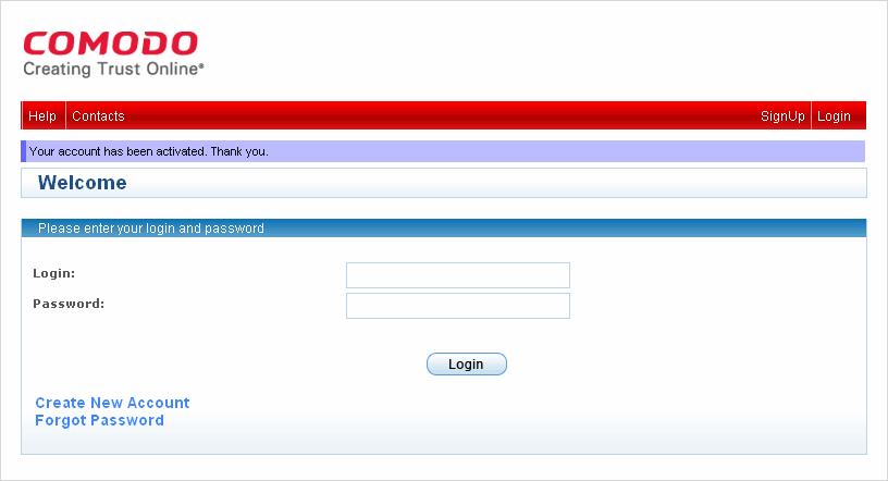 After the License key is verified, the Comodo Accounts Manager page is displayed.