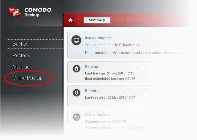 The Online Backup interface will open. Enter your Login ID and password with Comodo Account Manager in the Username and Password fields respectively and click Sign In.