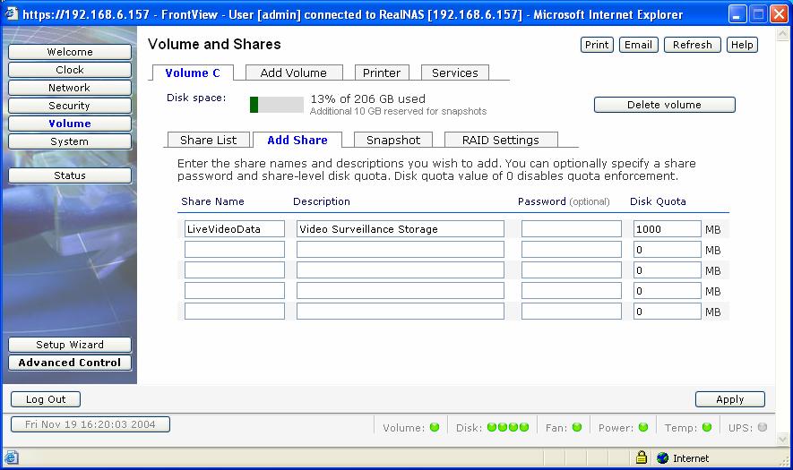 7. Create the Share folder under VOLUME section on your NAS System. For example we have created a shared called LiveVideoData. 8.