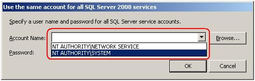 Click Use the same account for all SQL Server services to set a service account.