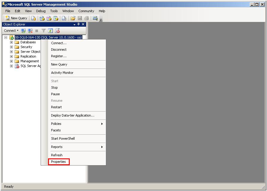 1. Select All programs > Microsoft SQL Server 2008 > SQL Server Management Studio from the Start menu. Figure 42 Database login window 2. Select SQL Server Authentication from the Authentication list.