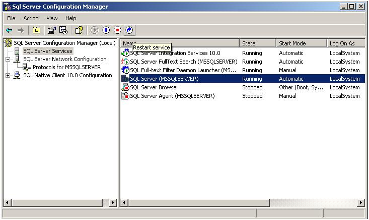 3. Click Restart service on the toolbar, as shown in Figure 51. Figure 51 Restart the SQL Server Service NOTE: Alternatively, you can restart the service by rebooting the Windows operating system.