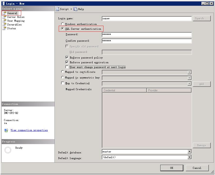 Figure 54 Add a login user 4. Set the login name, click SQL Server authentication, set the password, and clear the User must change password at next login box.