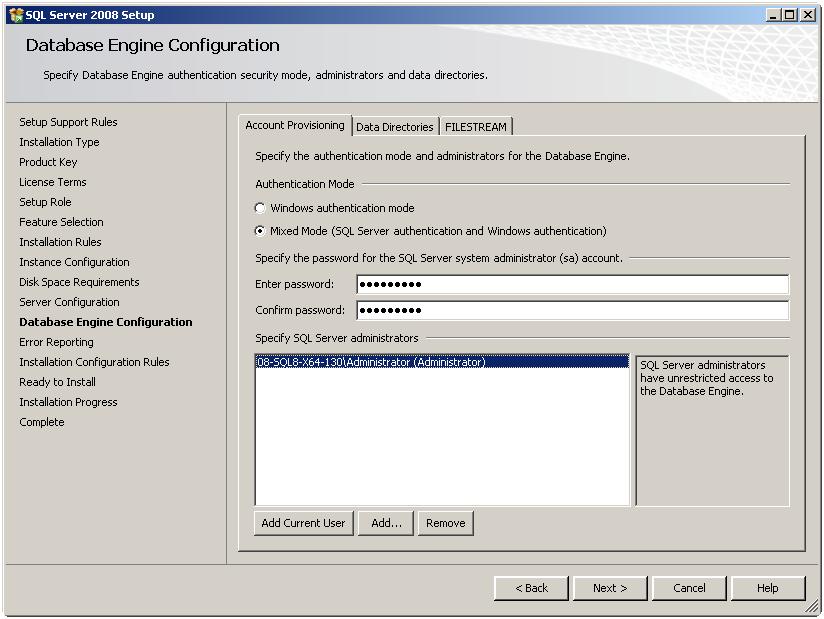 Figure 61 Database Engine Configuration Configure the Authentication Mode as Mixed Mode and input the password of user sa. Make sure the password does not contain the following characters: < > \t.
