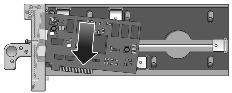 8. Place the PCI card on the carrier. a. Place the front of the card inside the housing (FIGURE 3-12). FIGURE 3-12 Inserting the PCI Card 1 Figure Legend 1 See the following caution.