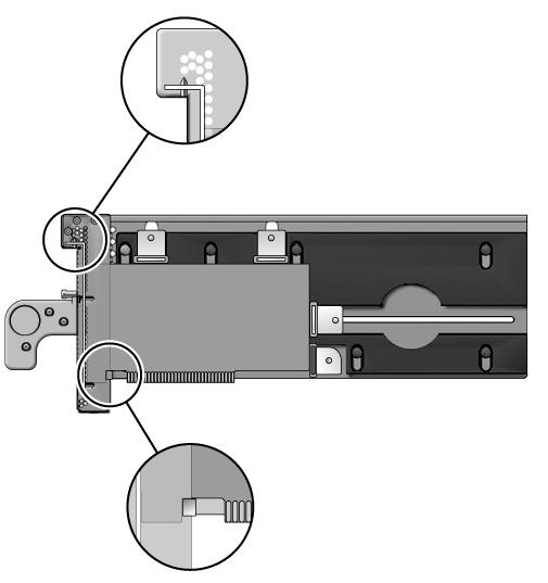 FIGURE 3-13 Placing the PCI Card on the Carrier 2 1 Figure Legend 1 Card alignment tab 2 Card alignment post 9. Attach the PCI card to the carrier with one card lock: a.