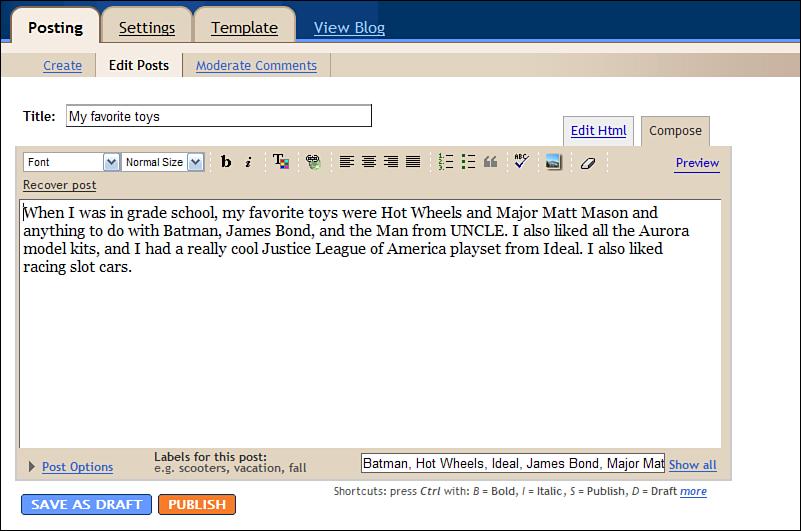 Figure 33 Editing a post. Figure 32 Click the Edit link to edit any recent post. 3. When the Edit Posts window appears, as shown in Figure 33, edit your post accordingly. 4.
