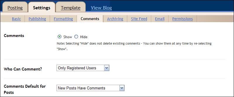1. From the Blogger Dashboard, click the Settings link next to your blog name. 2. When the Settings page appears, click the Comments link. 3.