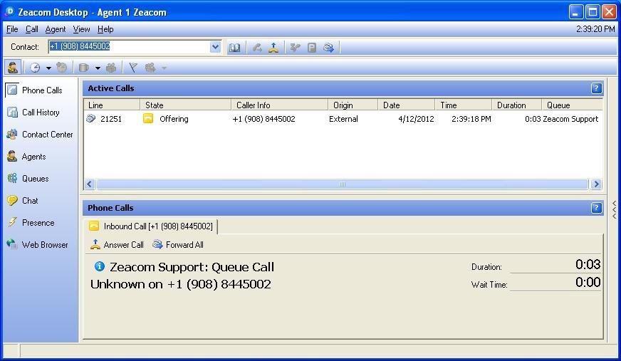 Make an incoming call to the Zeacom Support application, with available agent 21251.