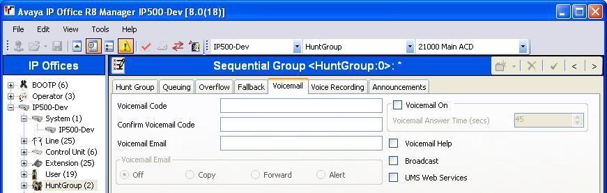Select the Voicemail tab, and uncheck Voicemail On as shown below. Repeat this section to create the hunt groups shown below.