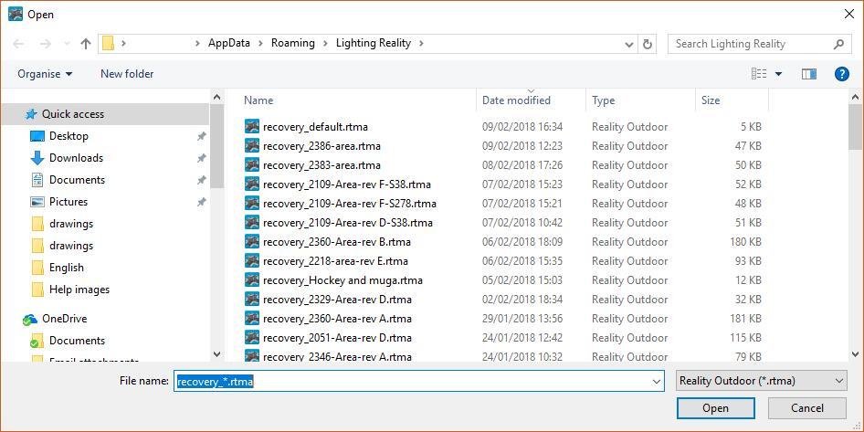 Figure 1-Outdoor file recovery dialogue The naming convention used is dependent on whether the file has been saved or not. If the file has not been saved, Outdoor will use the form recovery _default.